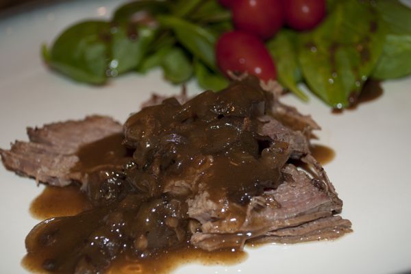 Coffee Braised Pot Roast with Caramelized Onions and Spinach Salad with Maple Balsamic Vinaigrette