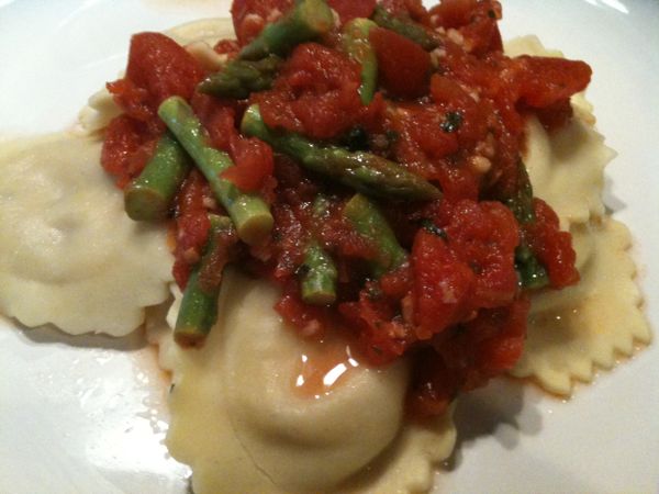 Chicken & Four Cheese Ravioli with Asparagus Red Sauce