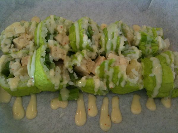 Soy wrapped roll with chicken, asparagus, green onion and pineapple
