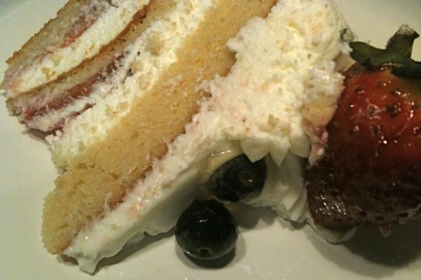 A slice of Berry Chantilly Cake from WholeFoods