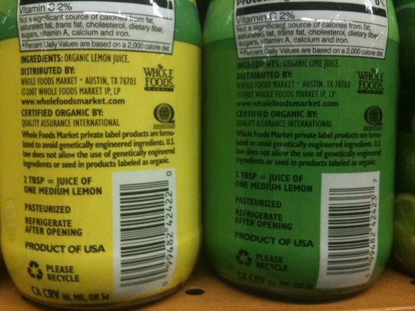 Lemon & Lime juice bottle labels close up